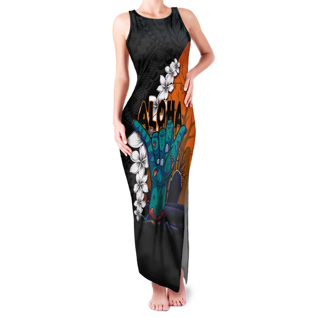 Hawaiian Halloween Tank Maxi Dress Horror Shaka Hand with Plumeria and Polynesian Tattoo Autumn Color LT03 Women Orange - Polynesian Pride