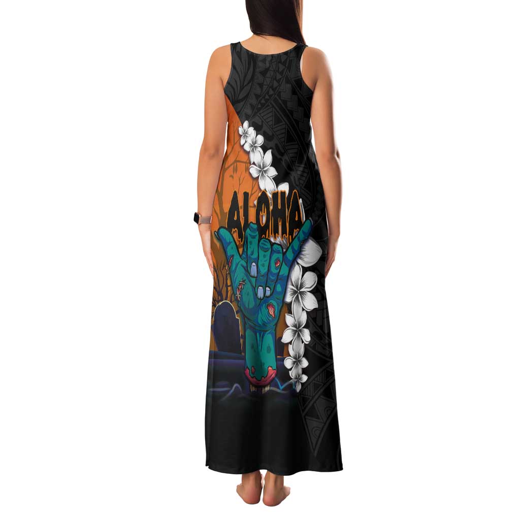 Hawaiian Halloween Tank Maxi Dress Horror Shaka Hand with Plumeria and Polynesian Tattoo Autumn Color LT03 - Polynesian Pride