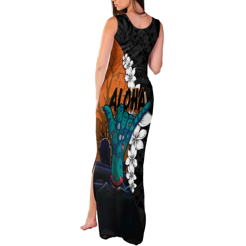 Hawaiian Halloween Tank Maxi Dress Horror Shaka Hand with Plumeria and Polynesian Tattoo Autumn Color LT03 - Polynesian Pride