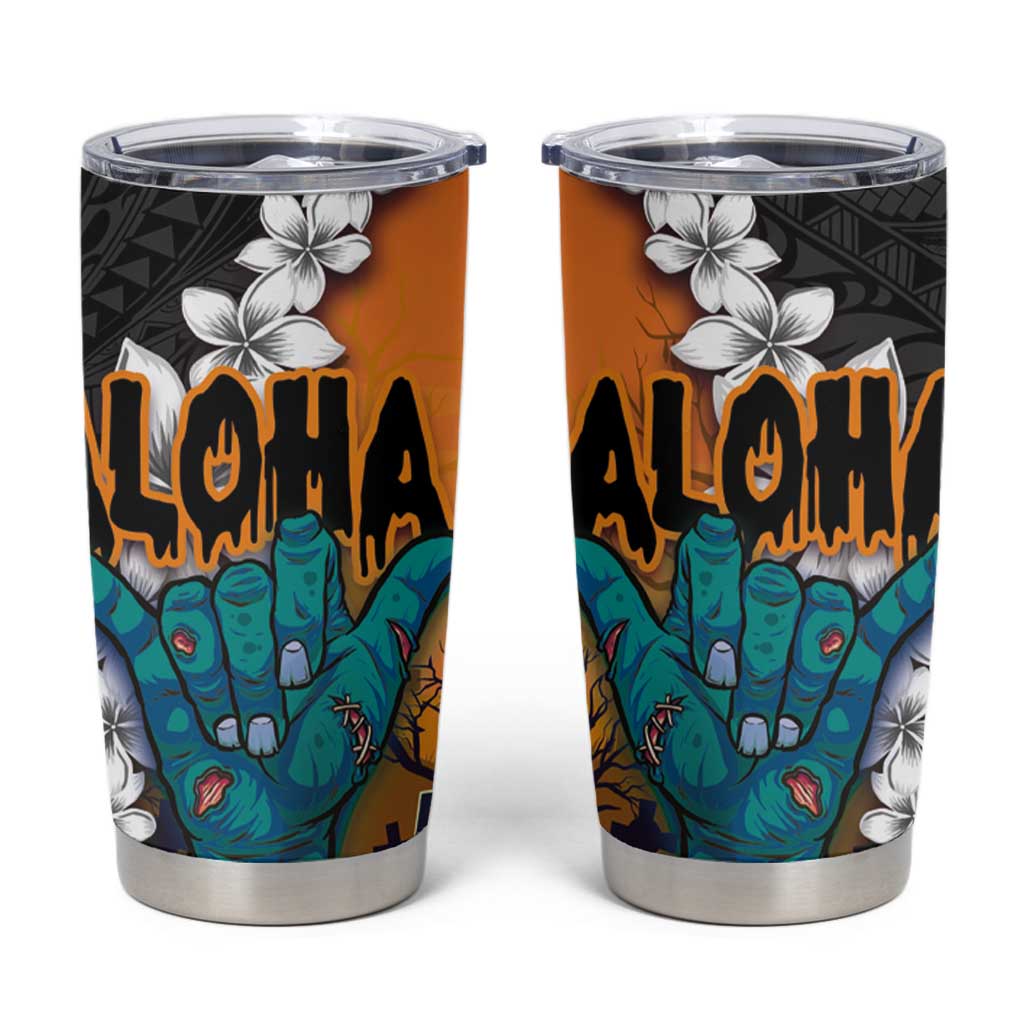 Hawaiian Halloween Tumbler Cup Horror Shaka Hand with Plumeria and Polynesian Tattoo Autumn Color LT03 Orange - Polynesian Pride