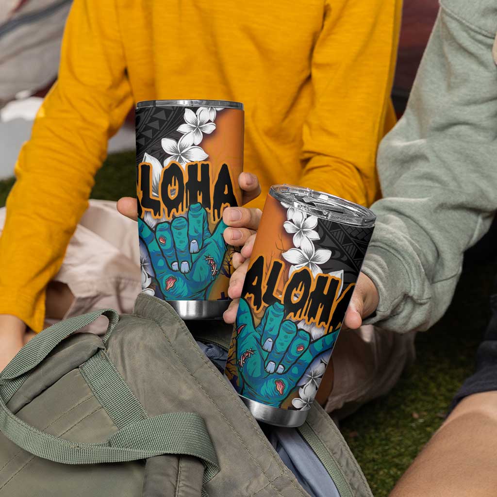 Hawaiian Halloween Tumbler Cup Horror Shaka Hand with Plumeria and Polynesian Tattoo Autumn Color LT03 - Polynesian Pride