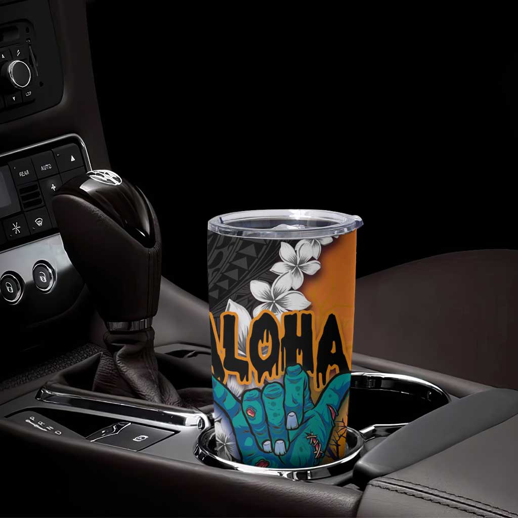 Hawaiian Halloween Tumbler Cup Horror Shaka Hand with Plumeria and Polynesian Tattoo Autumn Color LT03 - Polynesian Pride