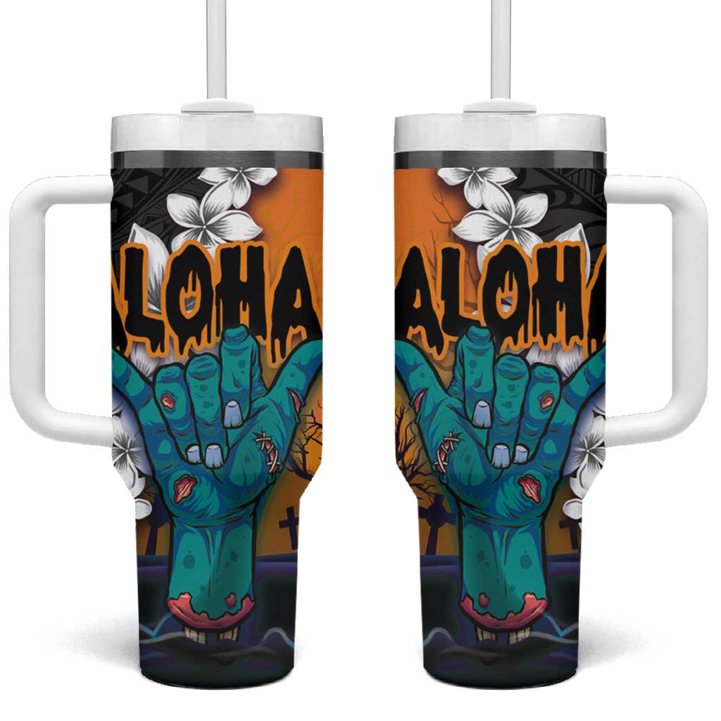 Hawaiian Halloween Tumbler With Handle Horror Shaka Hand with Plumeria and Polynesian Tattoo Autumn Color LT03 One Size: 40 oz Orange - Polynesian Pride