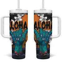 Hawaiian Halloween Tumbler With Handle Horror Shaka Hand with Plumeria and Polynesian Tattoo Autumn Color LT03 One Size: 40 oz Orange - Polynesian Pride