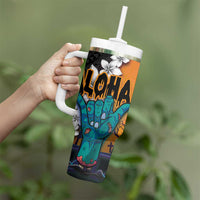 Hawaiian Halloween Tumbler With Handle Horror Shaka Hand with Plumeria and Polynesian Tattoo Autumn Color LT03 - Polynesian Pride