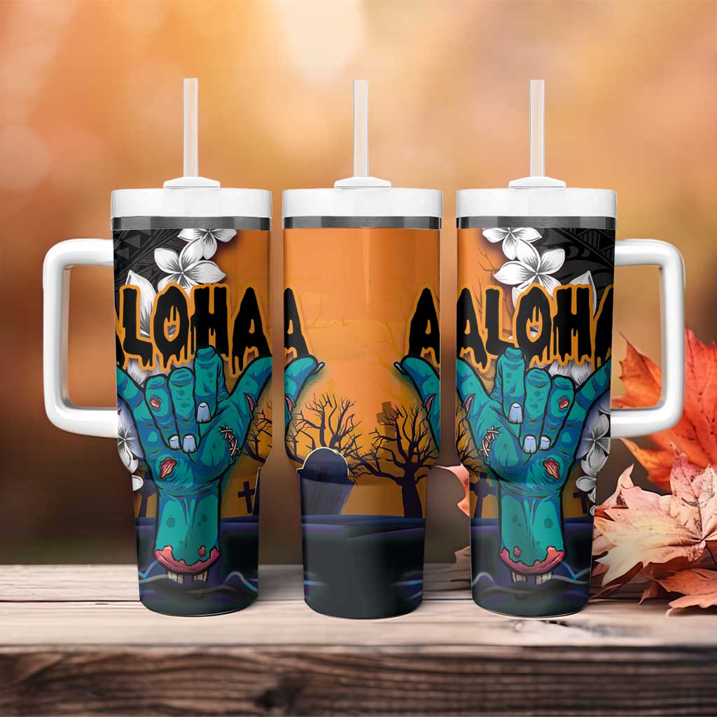 Hawaiian Halloween Tumbler With Handle Horror Shaka Hand with Plumeria and Polynesian Tattoo Autumn Color LT03 - Polynesian Pride