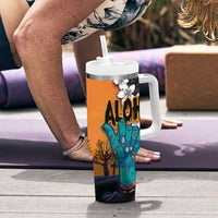 Hawaiian Halloween Tumbler With Handle Horror Shaka Hand with Plumeria and Polynesian Tattoo Autumn Color LT03 - Polynesian Pride
