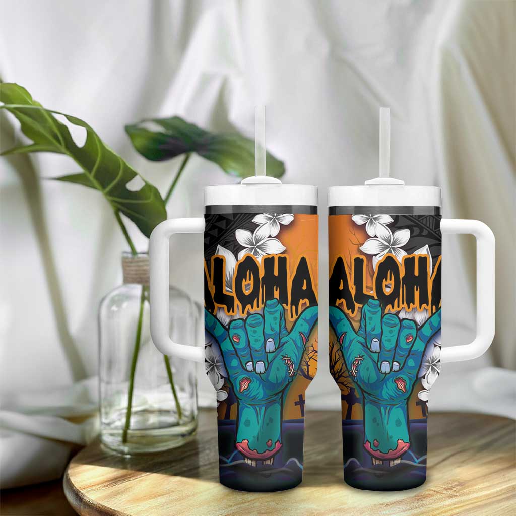 Hawaiian Halloween Tumbler With Handle Horror Shaka Hand with Plumeria and Polynesian Tattoo Autumn Color LT03 - Polynesian Pride