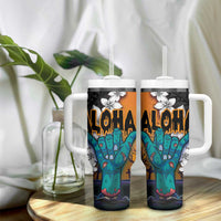 Hawaiian Halloween Tumbler With Handle Horror Shaka Hand with Plumeria and Polynesian Tattoo Autumn Color LT03 - Polynesian Pride