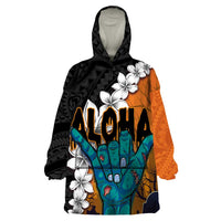 Hawaiian Halloween Wearable Blanket Hoodie Horror Shaka Hand with Plumeria and Polynesian Tattoo Autumn Color LT03 One Size Orange - Polynesian Pride