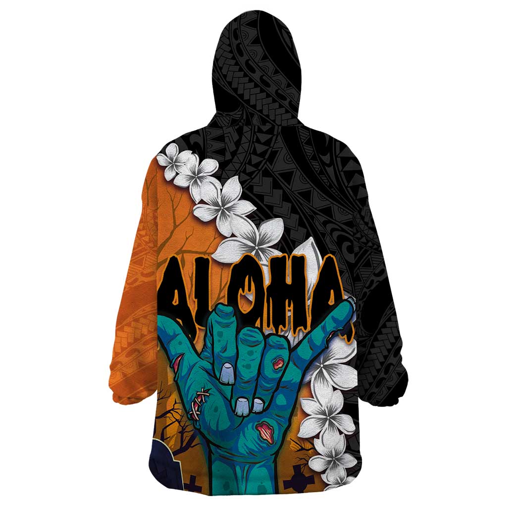 Hawaiian Halloween Wearable Blanket Hoodie Horror Shaka Hand with Plumeria and Polynesian Tattoo Autumn Color LT03 - Polynesian Pride
