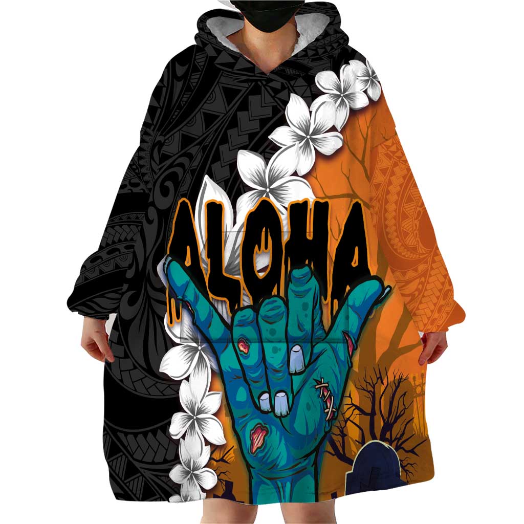 Hawaiian Halloween Wearable Blanket Hoodie Horror Shaka Hand with Plumeria and Polynesian Tattoo Autumn Color LT03 - Polynesian Pride