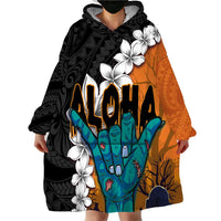 Hawaiian Halloween Wearable Blanket Hoodie Horror Shaka Hand with Plumeria and Polynesian Tattoo Autumn Color LT03 - Polynesian Pride