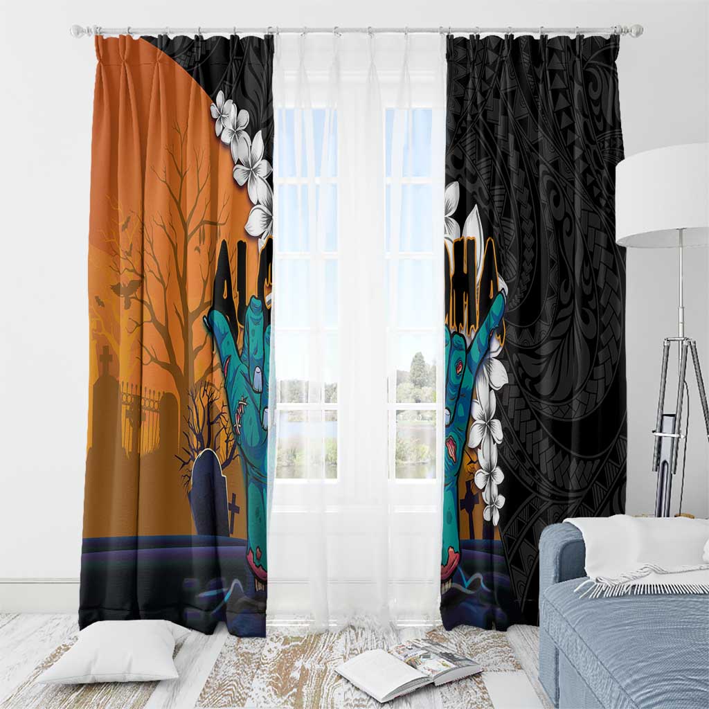 Hawaiian Halloween Window Curtain Horror Shaka Hand with Plumeria and Polynesian Tattoo Autumn Color LT03 - Polynesian Pride