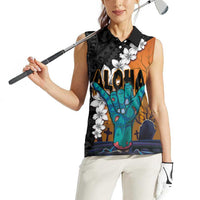 Hawaiian Halloween Women Sleeveless Polo Shirt Horror Shaka Hand with Plumeria and Polynesian Tattoo Autumn Color LT03 - Polynesian Pride