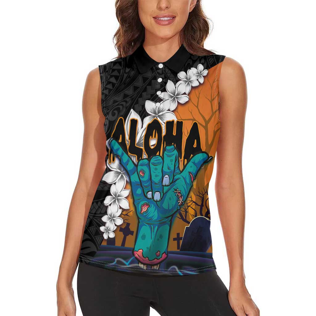 Hawaiian Halloween Women Sleeveless Polo Shirt Horror Shaka Hand with Plumeria and Polynesian Tattoo Autumn Color LT03 - Polynesian Pride