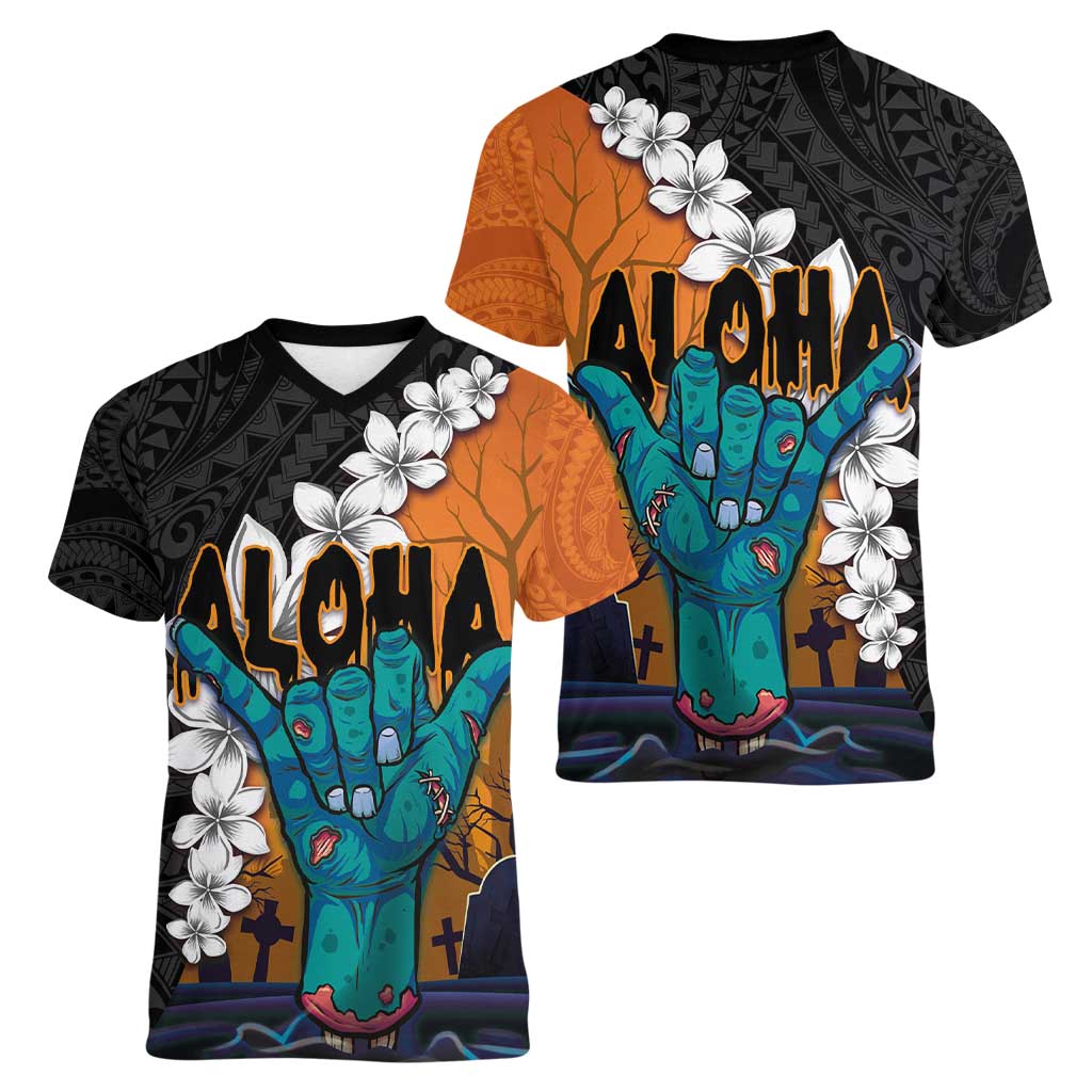 Hawaiian Halloween Women V-Neck T-Shirt Horror Shaka Hand with Plumeria and Polynesian Tattoo Autumn Color LT03 - Polynesian Pride