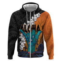 Hawaiian Halloween Zip Hoodie Horror Shaka Hand with Plumeria and Polynesian Tattoo Autumn Color LT03 Zip Hoodie Orange - Polynesian Pride