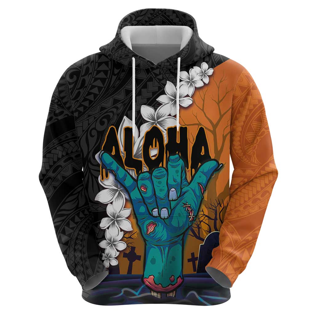 Hawaiian Halloween Zip Hoodie Horror Shaka Hand with Plumeria and Polynesian Tattoo Autumn Color LT03 - Polynesian Pride