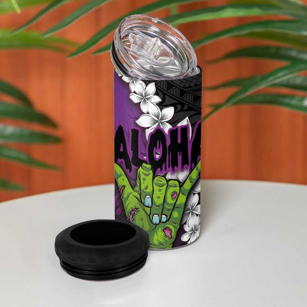 Hawaiian Halloween 4 in 1 Can Cooler Tumbler Horror Shaka Hand with Plumeria and Polynesian Tattoo Midnight Color LT03 - Polynesian Pride