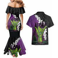 Hawaiian Halloween Couples Matching Mermaid Dress and Hawaiian Shirt Horror Shaka Hand with Plumeria and Polynesian Tattoo Midnight Color LT03 - Polynesian Pride