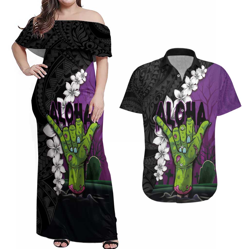 Hawaiian Halloween Couples Matching Off Shoulder Maxi Dress and Hawaiian Shirt Horror Shaka Hand with Plumeria and Polynesian Tattoo Midnight Color LT03 Purple - Polynesian Pride