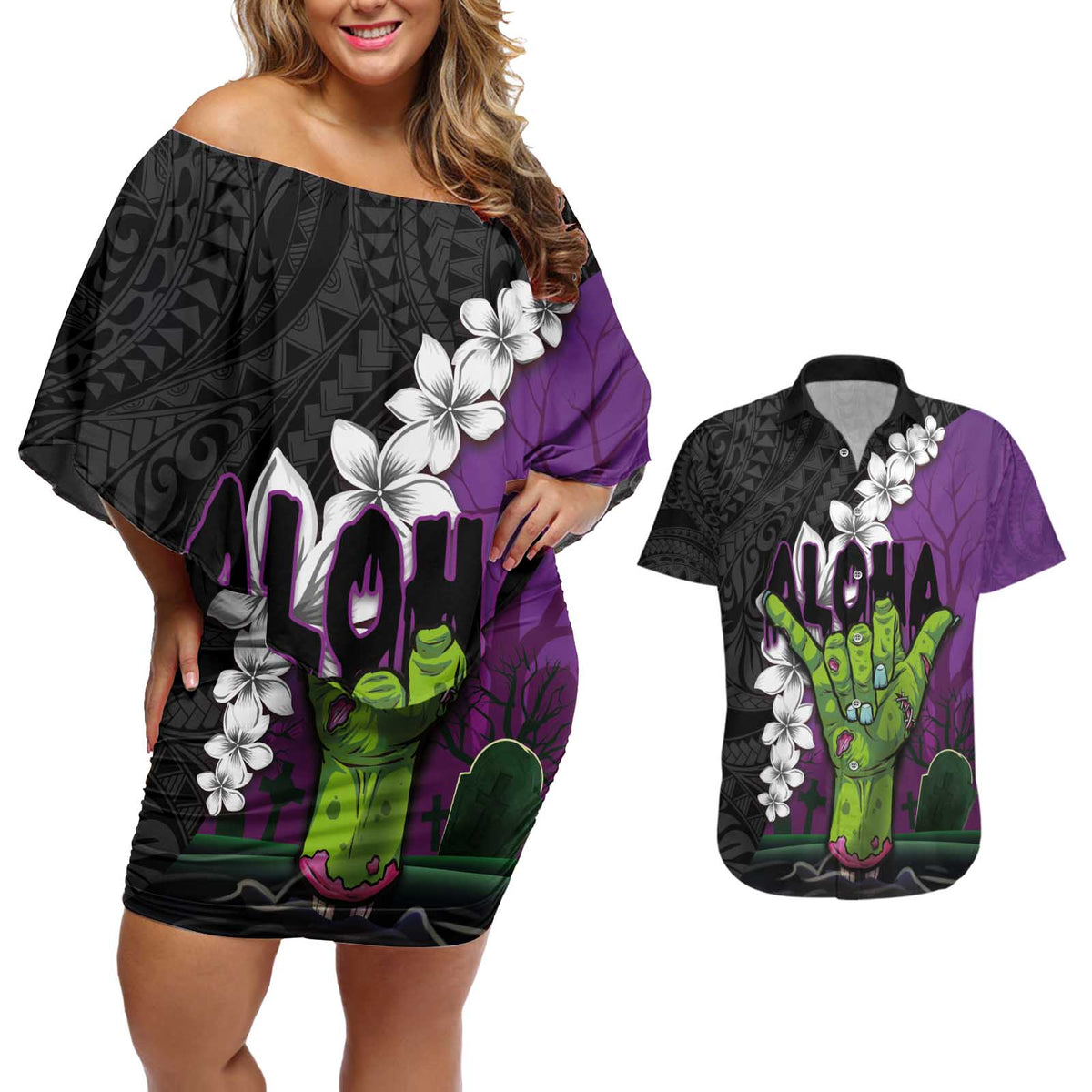 Hawaiian Halloween Couples Matching Off Shoulder Short Dress and Hawaiian Shirt Horror Shaka Hand with Plumeria and Polynesian Tattoo Midnight Color