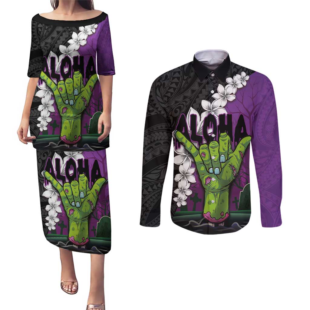 Hawaiian Halloween Couples Matching Puletasi and Long Sleeve Button Shirt Horror Shaka Hand with Plumeria and Polynesian Tattoo Midnight Color LT03 Purple - Polynesian Pride