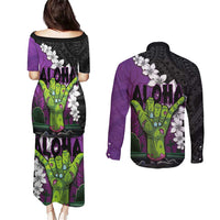 Hawaiian Halloween Couples Matching Puletasi and Long Sleeve Button Shirt Horror Shaka Hand with Plumeria and Polynesian Tattoo Midnight Color LT03 - Polynesian Pride