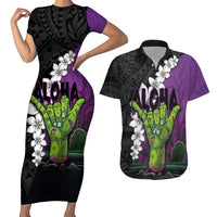 Hawaiian Halloween Couples Matching Short Sleeve Bodycon Dress and Hawaiian Shirt Horror Shaka Hand with Plumeria and Polynesian Tattoo Midnight Color LT03 Purple - Polynesian Pride