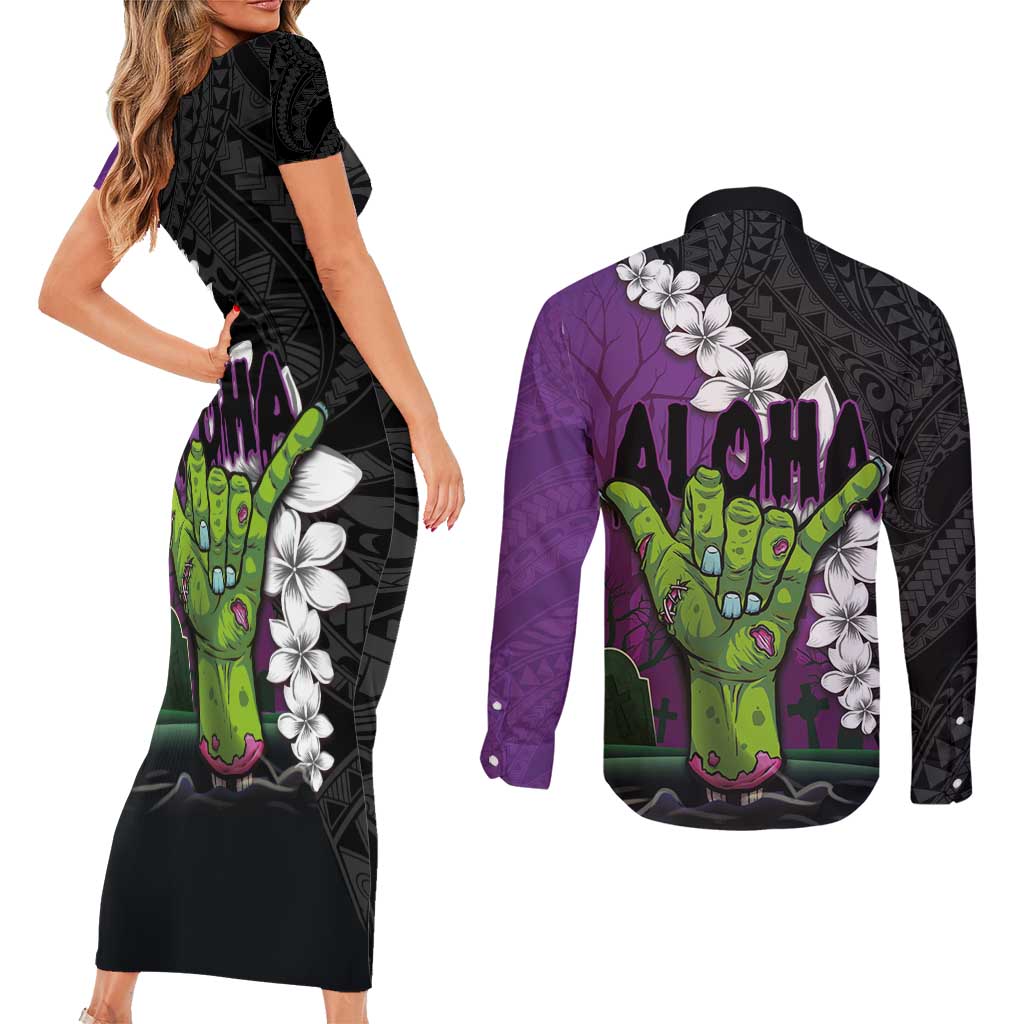 Hawaiian Halloween Couples Matching Short Sleeve Bodycon Dress and Long Sleeve Button Shirt Horror Shaka Hand with Plumeria and Polynesian Tattoo Midnight Color