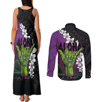 Hawaiian Halloween Couples Matching Tank Maxi Dress and Long Sleeve Button Shirt Horror Shaka Hand with Plumeria and Polynesian Tattoo Midnight Color