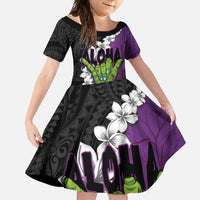 Hawaiian Halloween Family Matching Long Sleeve Bodycon Dress and Hawaiian Shirt Horror Shaka Hand with Plumeria and Polynesian Tattoo Midnight Color LT03 Daughter's Dress Purple - Polynesian Pride