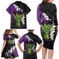 Hawaiian Halloween Family Matching Long Sleeve Bodycon Dress and Hawaiian Shirt Horror Shaka Hand with Plumeria and Polynesian Tattoo Midnight Color LT03 - Polynesian Pride
