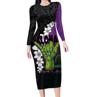 Hawaiian Halloween Family Matching Long Sleeve Bodycon Dress and Hawaiian Shirt Horror Shaka Hand with Plumeria and Polynesian Tattoo Midnight Color LT03 Mom's Dress Purple - Polynesian Pride