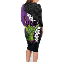 Hawaiian Halloween Family Matching Long Sleeve Bodycon Dress and Hawaiian Shirt Horror Shaka Hand with Plumeria and Polynesian Tattoo Midnight Color LT03 - Polynesian Pride