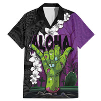 Hawaiian Halloween Family Matching Mermaid Dress and Hawaiian Shirt Horror Shaka Hand with Plumeria and Polynesian Tattoo Midnight Color LT03 Dad's Shirt - Short Sleeve Purple - Polynesian Pride