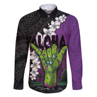 Hawaiian Halloween Family Matching Mermaid Dress and Hawaiian Shirt Horror Shaka Hand with Plumeria and Polynesian Tattoo Midnight Color LT03 Dad's Shirt - Long Sleeve Purple - Polynesian Pride