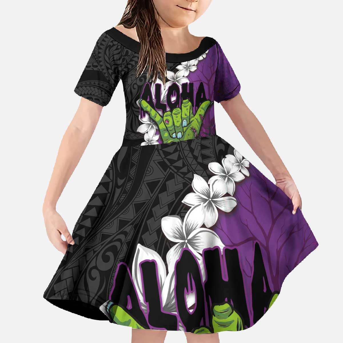 Hawaiian Halloween Family Matching Off The Shoulder Long Sleeve Dress and Hawaiian Shirt Horror Shaka Hand with Plumeria and Polynesian Tattoo Midnight Color LT03 Daughter's Dress Purple - Polynesian Pride