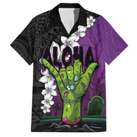 Hawaiian Halloween Family Matching Off The Shoulder Long Sleeve Dress and Hawaiian Shirt Horror Shaka Hand with Plumeria and Polynesian Tattoo Midnight Color LT03 Dad's Shirt - Short Sleeve Purple - Polynesian Pride
