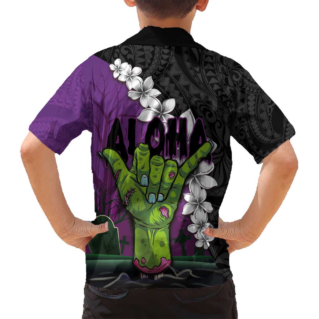 Hawaiian Halloween Family Matching Off Shoulder Maxi Dress and Hawaiian Shirt Horror Shaka Hand with Plumeria and Polynesian Tattoo Midnight Color LT03 - Polynesian Pride