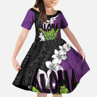 Hawaiian Halloween Family Matching Off Shoulder Maxi Dress and Hawaiian Shirt Horror Shaka Hand with Plumeria and Polynesian Tattoo Midnight Color LT03 Daughter's Dress Purple - Polynesian Pride