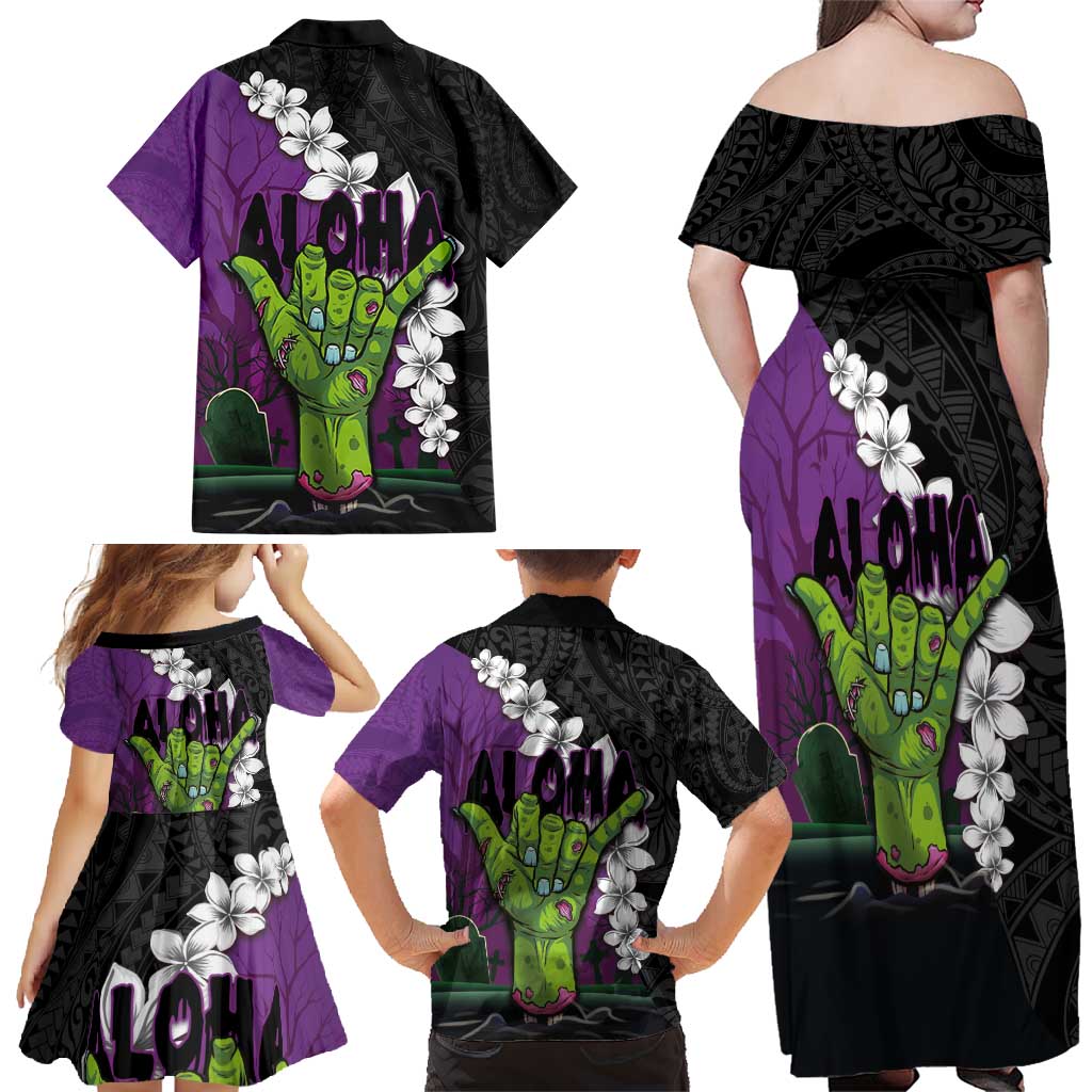 Hawaiian Halloween Family Matching Off Shoulder Maxi Dress and Hawaiian Shirt Horror Shaka Hand with Plumeria and Polynesian Tattoo Midnight Color LT03 - Polynesian Pride