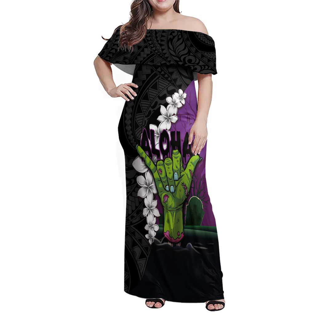 Hawaiian Halloween Family Matching Off Shoulder Maxi Dress and Hawaiian Shirt Horror Shaka Hand with Plumeria and Polynesian Tattoo Midnight Color LT03 Mom's Dress Purple - Polynesian Pride