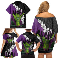 Hawaiian Halloween Family Matching Off Shoulder Short Dress and Hawaiian Shirt Horror Shaka Hand with Plumeria and Polynesian Tattoo Midnight Color LT03 - Polynesian Pride