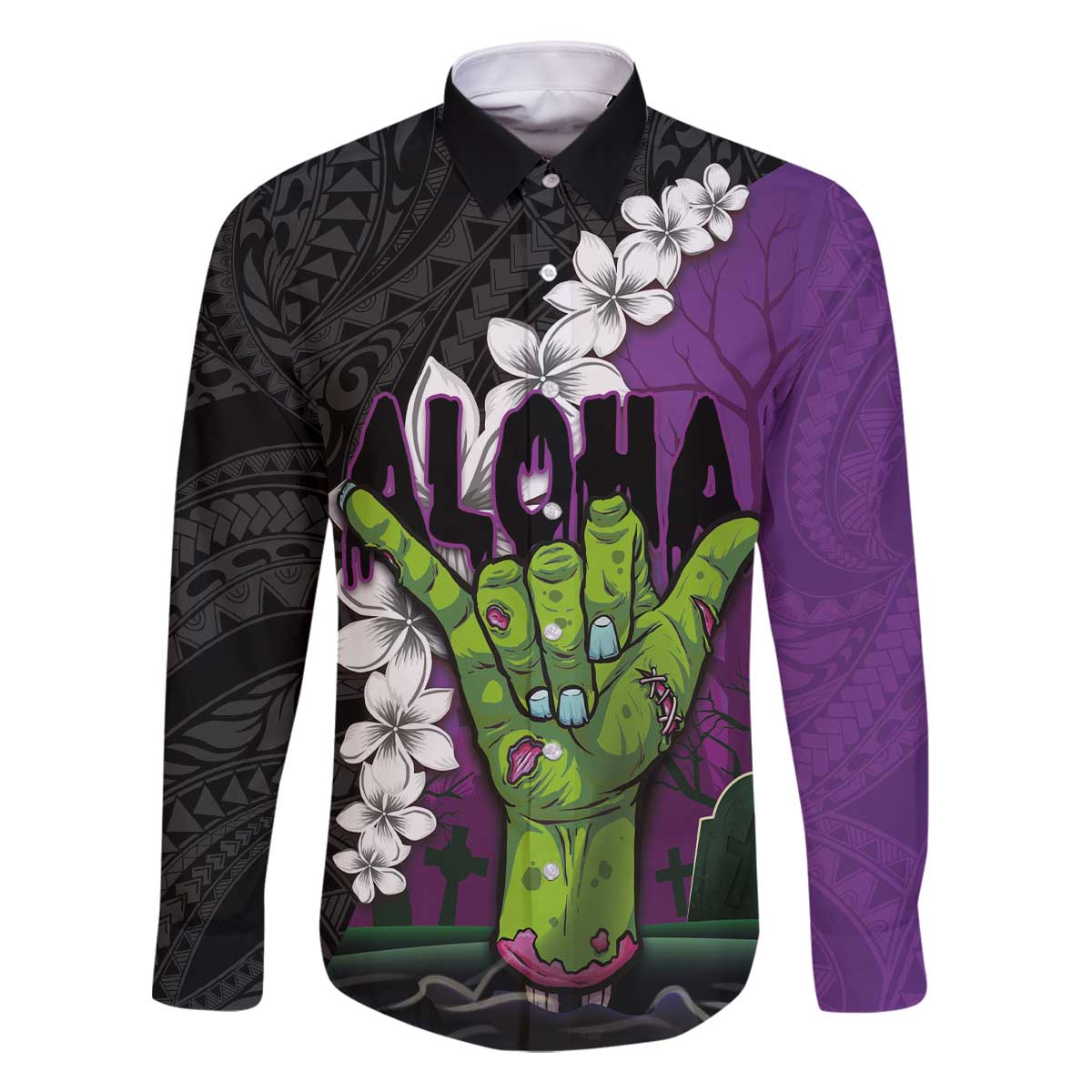 Hawaiian Halloween Family Matching Off Shoulder Short Dress and Hawaiian Shirt Horror Shaka Hand with Plumeria and Polynesian Tattoo Midnight Color LT03 Dad's Shirt - Long Sleeve Purple - Polynesian Pride