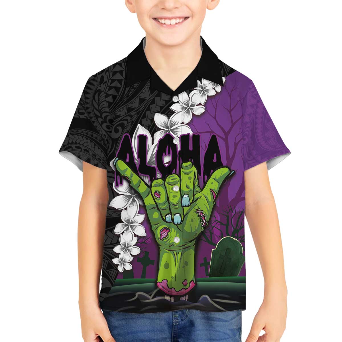 Hawaiian Halloween Family Matching Off Shoulder Short Dress and Hawaiian Shirt Horror Shaka Hand with Plumeria and Polynesian Tattoo Midnight Color LT03 Son's Shirt Purple - Polynesian Pride