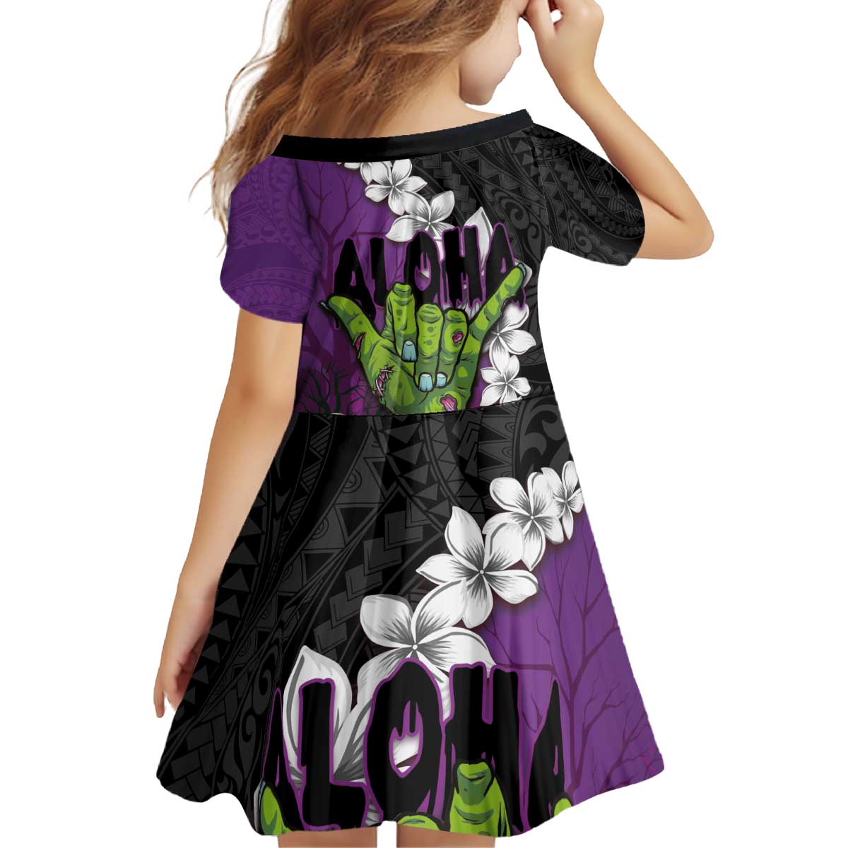 Hawaiian Halloween Family Matching Puletasi and Hawaiian Shirt Horror Shaka Hand with Plumeria and Polynesian Tattoo Midnight Color LT03 - Polynesian Pride