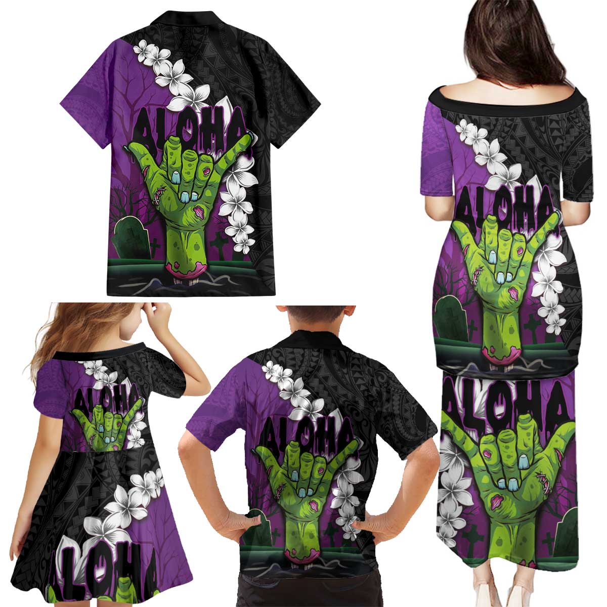 Hawaiian Halloween Family Matching Puletasi and Hawaiian Shirt Horror Shaka Hand with Plumeria and Polynesian Tattoo Midnight Color LT03 - Polynesian Pride