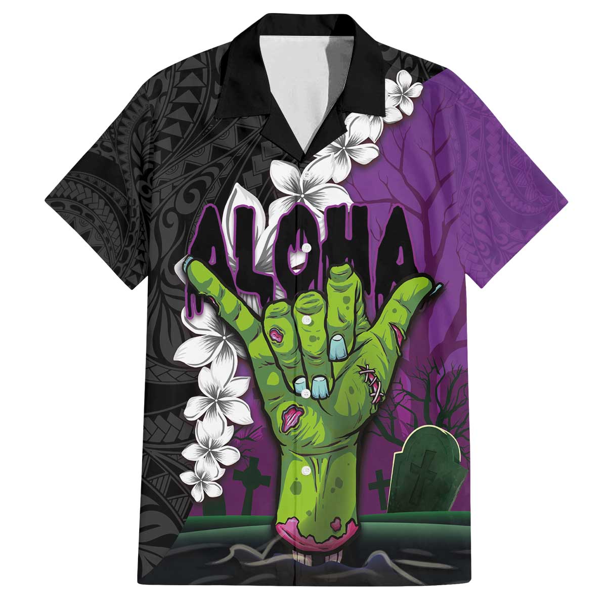 Hawaiian Halloween Family Matching Puletasi and Hawaiian Shirt Horror Shaka Hand with Plumeria and Polynesian Tattoo Midnight Color LT03 Dad's Shirt - Short Sleeve Purple - Polynesian Pride